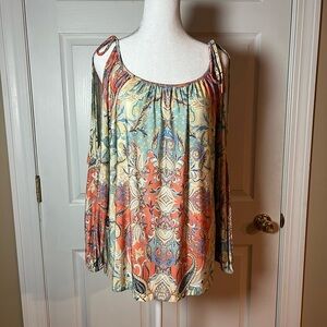 Boston Proper Blouse Size S Multicolor Paisley Long Sleeves Open Shoulders Soft